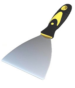 Metal putty knife with a black and yellow rubber handle.