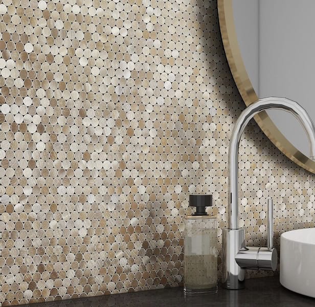 Small Penny Round Peel and Stick Backsplash Tile for Kitchen Wall,Metal Mosaic Tiles Stickers for Bathroom Behind Stove Fireplace