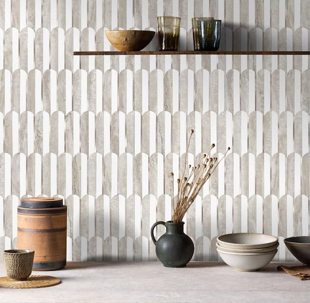 Vamos Peel and Stick Backsplash Seamless Tile for Kitchen and Bathroom,White and Beige Slate PVC Mixed Light Gold Self Adhesive Fish Scale Metal Mosaic Tiles