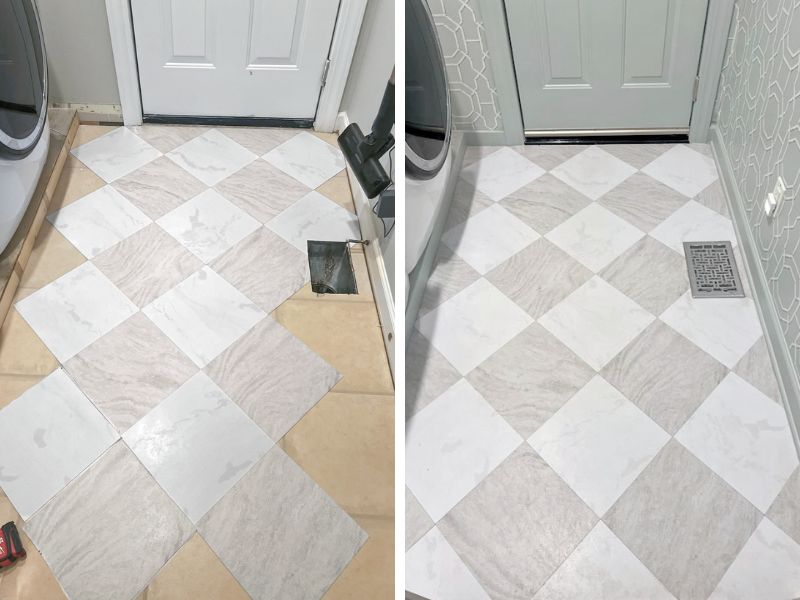 Before and after images of a tiled floor upgrade, showcasing a checkerboard pattern in light and dark tones. The before image features a partially finished floor with wet tiles, while the after image displays a completed installation with a floor vent.