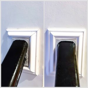 Staircase upgrade in progress with molding installed, showcasing the transformation during this simple DIY project. Learn how to upgrade a staircase. Staircase upgrade with molding caulked and gaps sealed for a polished finish. Discover how to upgrade a staircase with this easy weekend project