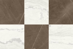 A checkerboard pattern featuring alternating brown and white marble tiles.