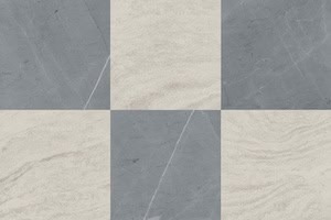 A tiled floor made of alternating gray and light-colored marble squares in a checkerboard pattern.