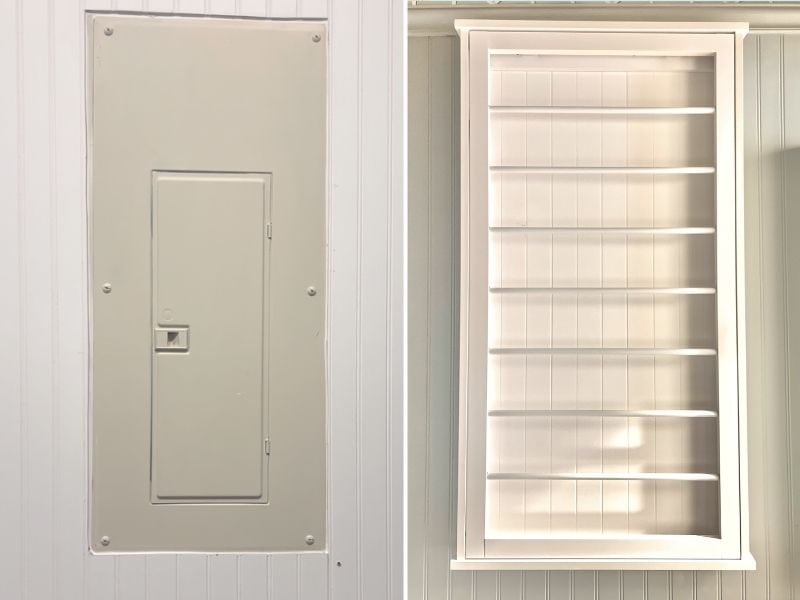 An image showing a wall panel with a door to an electrical panel on the left and an after image of it being hidden with a drying rack on the right.