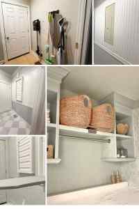 Laundry room beadboard wall paneling installed around electrical panel with before and after comparison