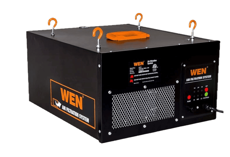 An air filtration system designed for woodworkers' workshops, featuring a 3-speed remote-controlled operation. The lightweight system includes a powerful 1/6 HP motor that filters airborne dust through a 5-micron outer filter and a 1-micron inner filter. It operates quietly at 50-60 dB and circulates air at 300, 350, or 400 CFM. Weighing only 31 pounds, it comes with a carrying handle, eyebolts for easy mounting, and a timer for automatic shut-off. Backed by a 2-year warranty and customer support, this system ensures clean air and a healthier workspace