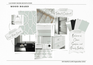 Mood board for a laundry room renovation featuring color swatches, textures, cabinetry designs, and tile patterns. Includes notes on color balance and styling ideas.
