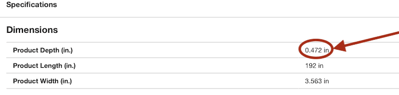 Table showing product dimensions including depth, length, and width with highlighted measurement of product depth at 0.472 inches.