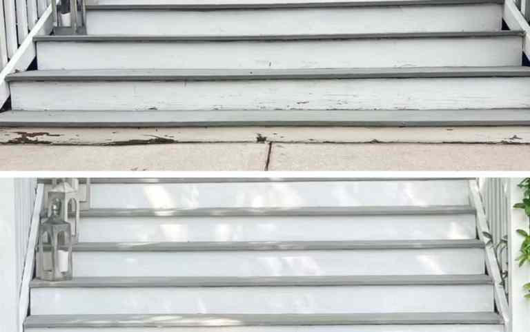 Before and after exterior stair repair and painting showing worn wood steps transformed with fresh paint