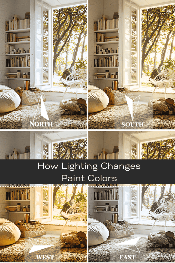 Four images showing the effect of different lighting directions (North, South, West, East) on paint colors in a well-lit room with windows, bookshelves, and comfortable seating.