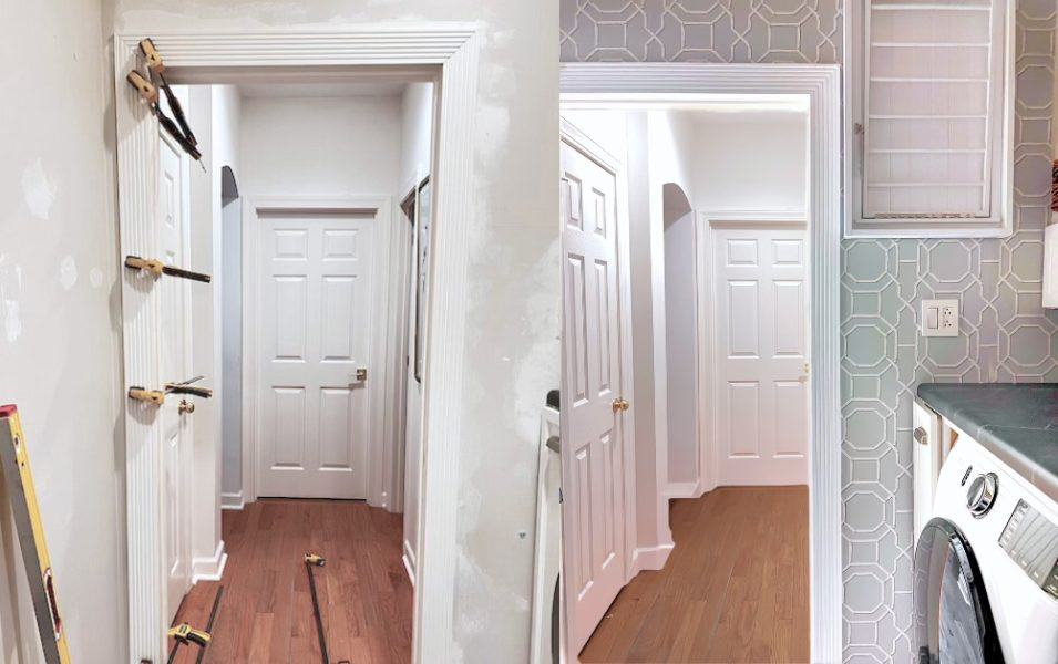 A side-by-side comparison of a hallway undergoing renovation, featuring white doors and trim, partially finished walls, and a patterned wallpaper on one side.