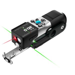 A digital laser tape measure with a display screen, buttons, and a retractable measuring tape. For laser distance measuring, digital precision, angle measurement, and syncs to your phone