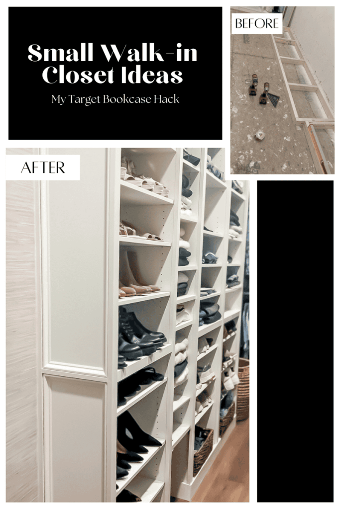 IKEA hack used to build custom wardrobes in a small walk-in closet for optimized storage and organization