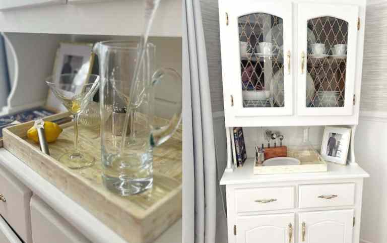 Side-by-side after photos of a vintage china cabinet transformed into a white painted dry bar with glass-front storage on top and a concealed liquor cabinet on the bottom