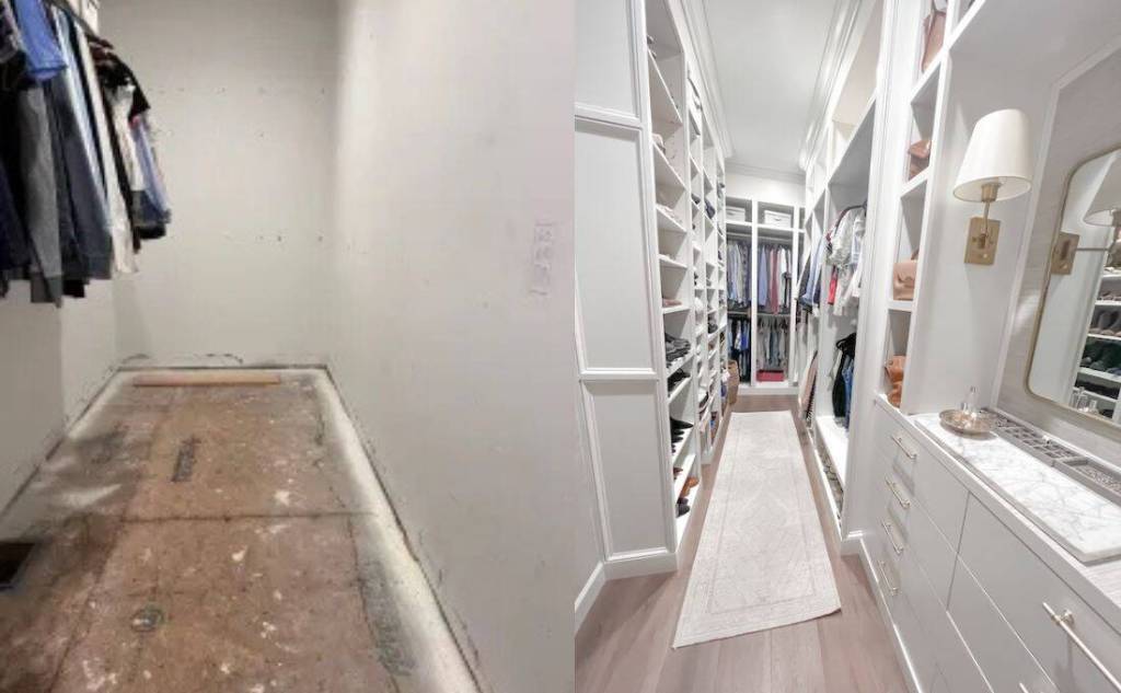 Before and after photos of narrow walk-in closet renovation with IKEA Pax hack and custom built-ins.