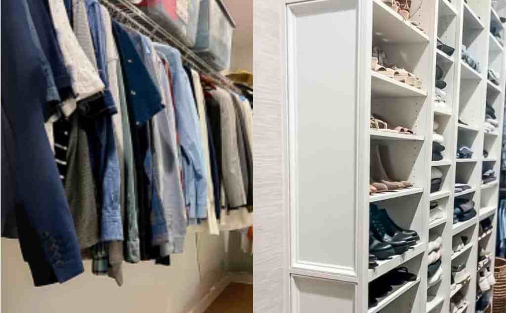 Before and after of narrow walk-in closet showing Target bookcase hack turned into custom shelving for shoes and folded clothes.