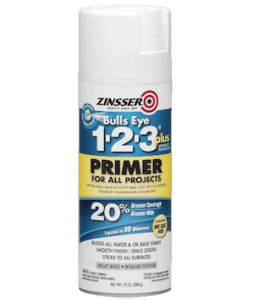 A can of Zinsser Bulls Eye 1-2-3 Primer Spray Paint, a water-based primer suitable for multiple surfaces and great adhesion.