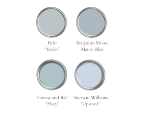 Color choices for painting a door; including Behr Icicles, Benjamin Moore Manor Blue, Farrow and Ball Hazy and Sherwin Williams Upward.