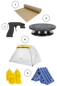 A collage of essential spray painting tools, including a universal spray paint trigger, spray paint tent, turntable Lazy Susan, painter’s pyramids, and non-stick craft paper, all designed to improve control, reduce mess, and achieve a smooth finish.