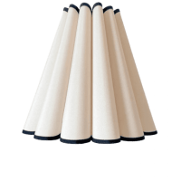 A modern table lamp with a unique pleated shade design in cream color and a black trim.