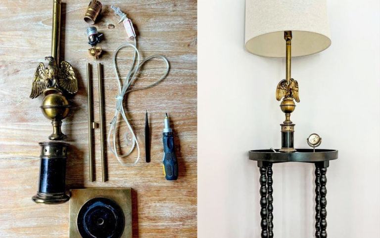 side by side images of tools to rewire a vintage table lamp and a rewired vintage Maison Jennings-style eagle lamp