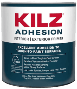 A can of Kilz Adhesion Bonding Primer, designed for superior adhesion on slick, hard-to-paint surfaces like laminate and metal.