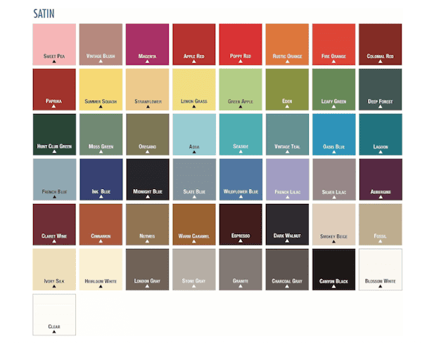 Swatch chart displaying a variety of satin paint colors from Rust-Oleum, including shades like Sweet Pea, Vintage Blush, and Colonial Red, arranged in a grid format.