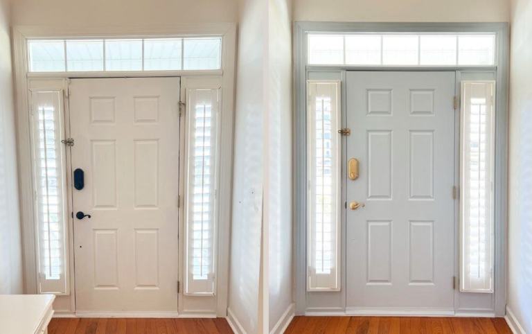 A freshly painted interior front door in SW Upward, a soft blue shade, adding a pop of color to a small entryway with plantation shutters.
