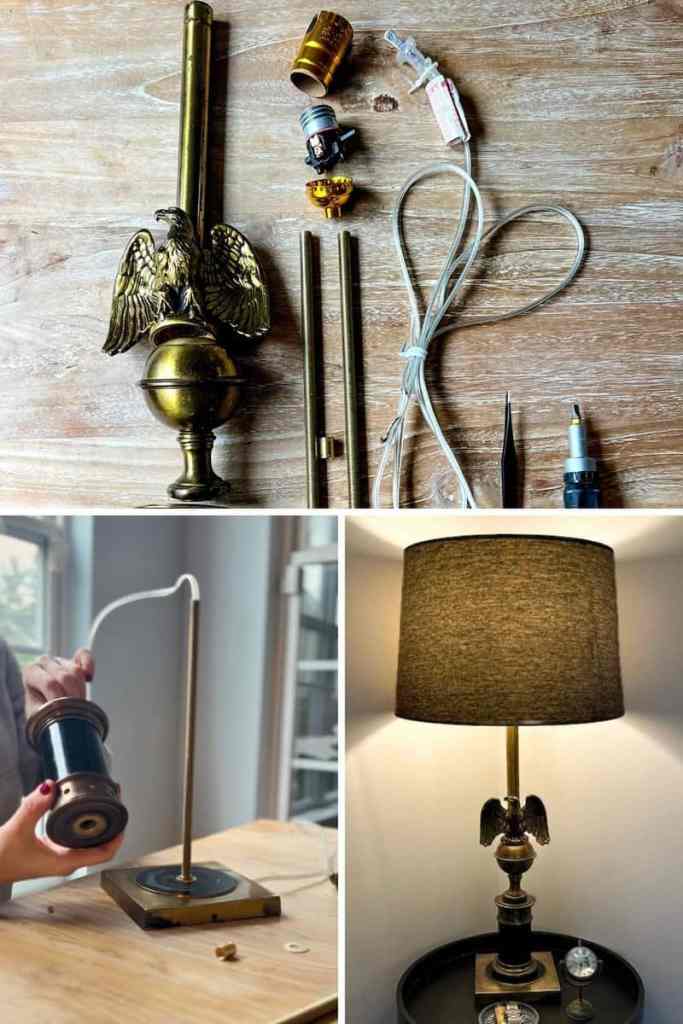 images of tools to rewire a vintage table lamp and a rewired vintage Maison Jennings-style eagle lamp