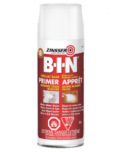 A can of Zinsser BIN Shellac-Based Primer Spray Paint, known for superior adhesion and stain-blocking properties