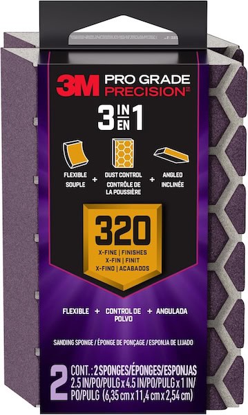 3M Pro Grade Precision 3 in 1 sanding sponge package featuring two sponges, designed for flexibility, dust control, and angled edges, with a grit rating of 320.