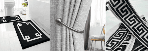 A stylish black and white bathroom rug set placed in front of a toilet and bathtub, featuring geometric patterns.