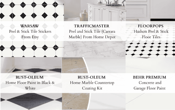 Collage of various peel-and-stick flooring options including designs from Warsaw, TrafficMaster, FloorPops, and Rust-Oleum for a bathroom renovation.