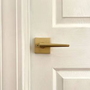 Close-up of a modern gold door handle on a white door.