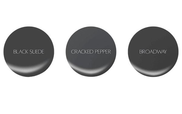 Color swatches of three paint options: Black Suede, Cracked Pepper, and Broadway.