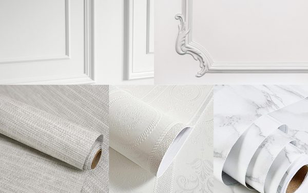 A collage of various wallpaper designs, including textured, patterned, and marble options, showing different styles suitable for home renovation.