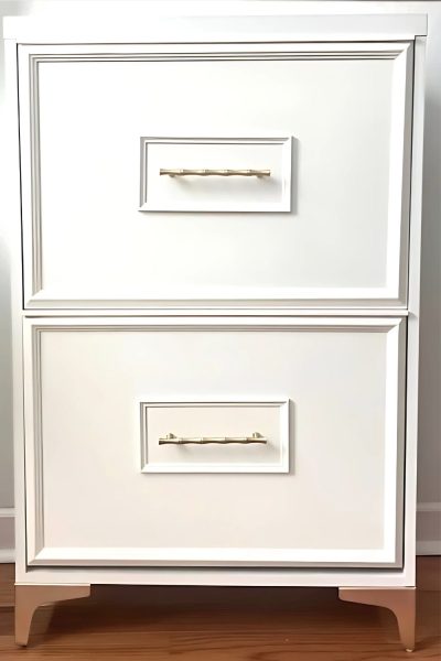 DIY shoe cabinet makeover with brass hardware, molding, and modern legs, creating a high-end storage solution.