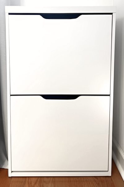 DIY shoe cabinet makeover, showing the plain Target shoe cabinet before