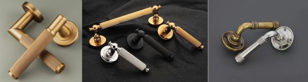 A collection of stylish levers in various styles and finishes, including gold, black, and silver.