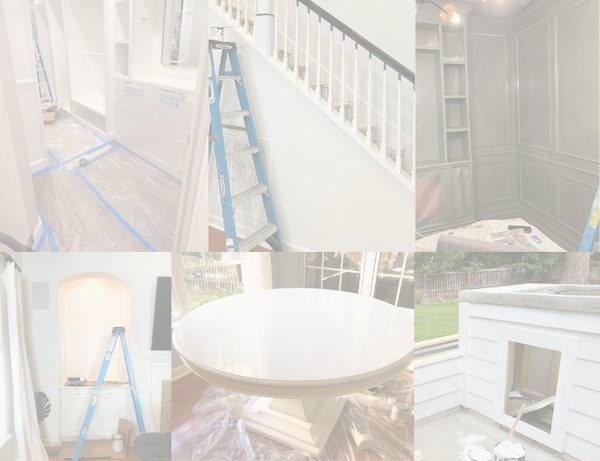 A ladder positioned indoors next to a staircase with a freshly painted wall.