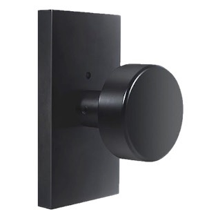 A modern black door knob set against a rectangular backplate, featuring a sleek and minimalist design.