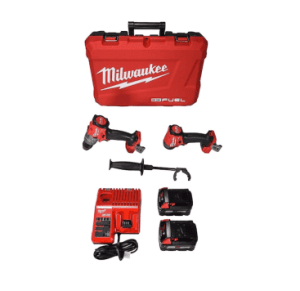 Milwaukee tool set featuring two cordless power tools, a charger, two batteries, and a carrying case.