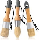Three different paintbrushes with wooden handles and silver metal ferrules, featuring various brush shapes.