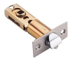 A close-up view of a gold-colored door lock mechanism, showcasing its cylindrical shape and a square plate with a keyhole and a round knob for locking.