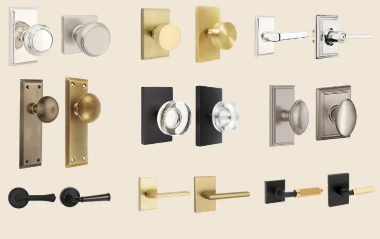Side-by-side comparison of high-end interior door knobs and budget-friendly dupes, showcasing similar styles and finishes at a fraction of the cost.