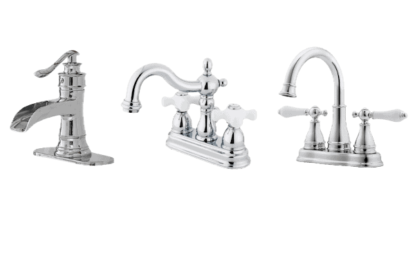 Three polished chrome bathroom faucets of different styles, showcasing traditional and modern designs.