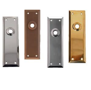 Four different styles of door handle plates in varying finishes including chrome, bronze, stainless steel, and gold.