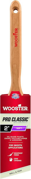 2-inch Wooster Pro Classic paintbrush with wooden handle and red packaging.