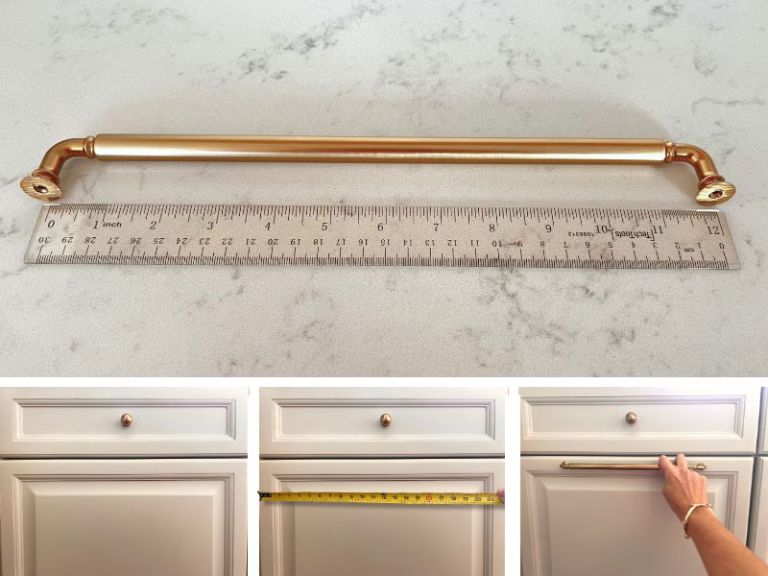 measuring center to center cabinet pull spacing with ruler on brass hardware