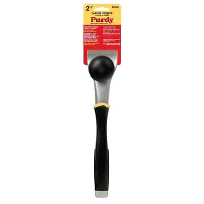 Purdy 2-inch carbide scraper with a black handle and packaging, ideal for paint and surface preparation.
